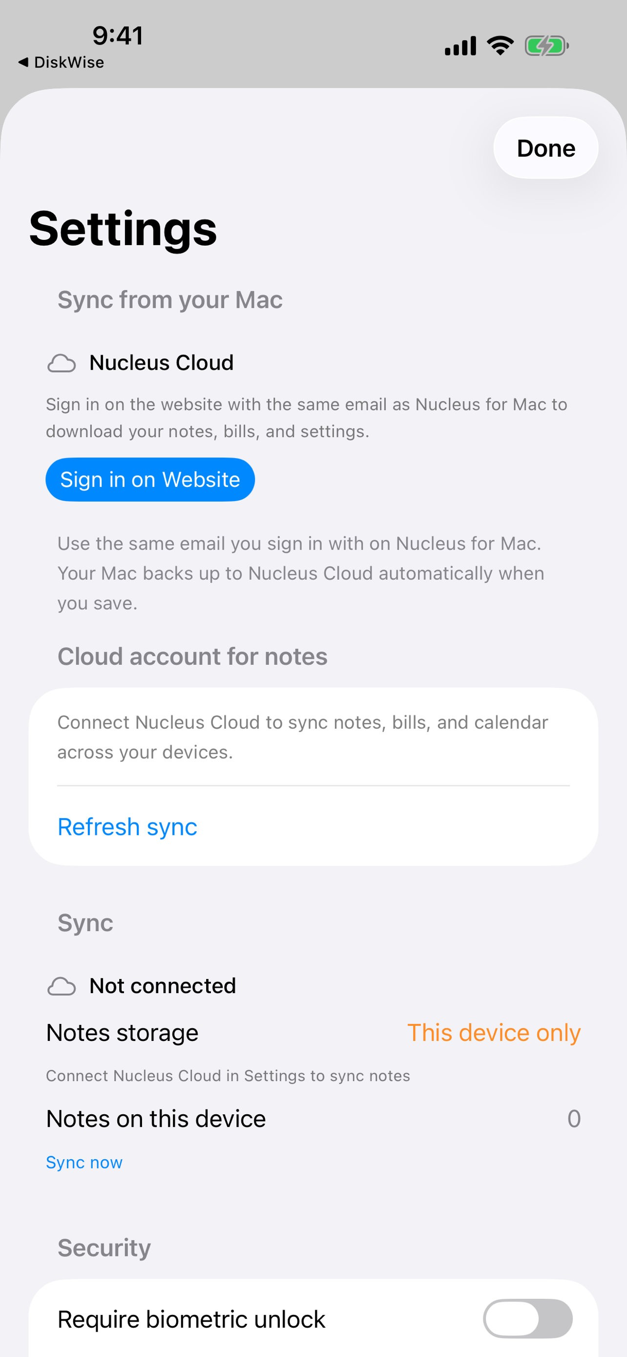 Nucleus Cloud sync settings on iPhone