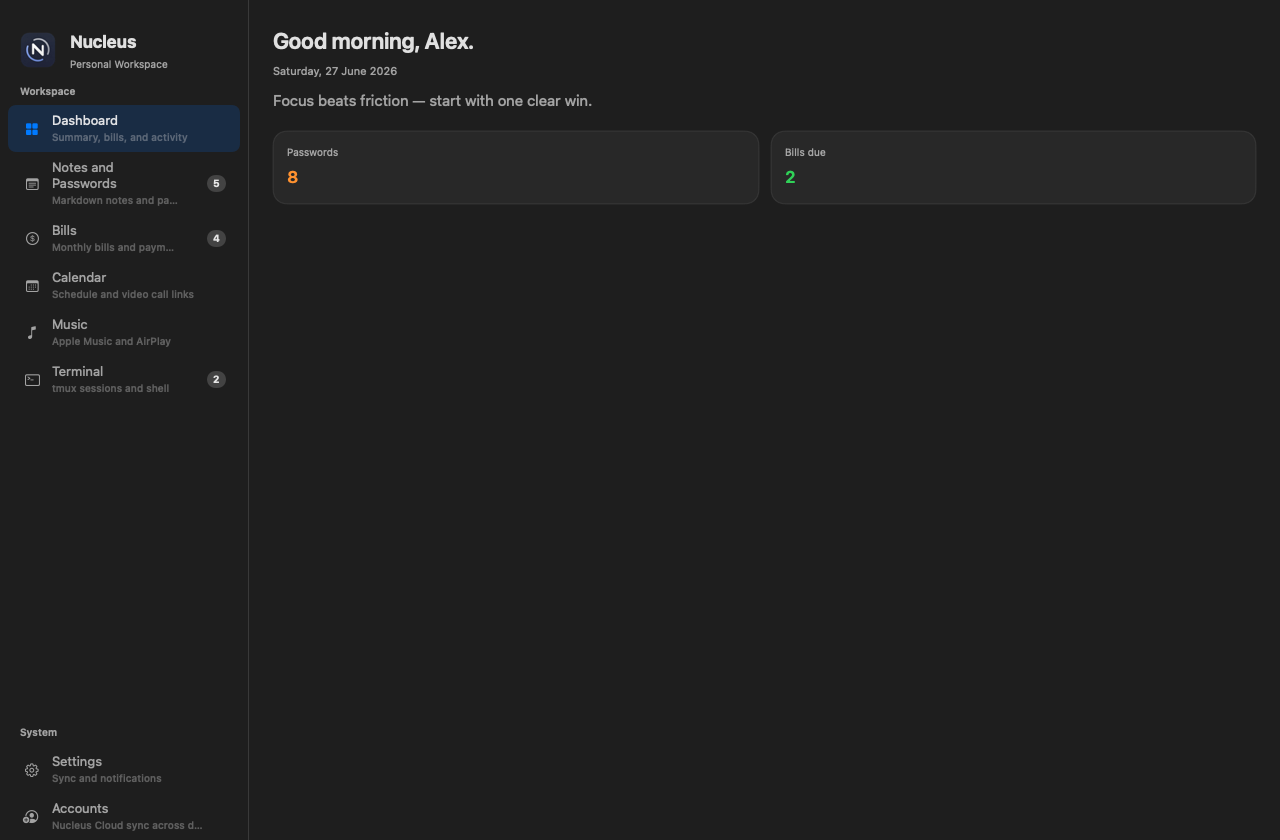 Nucleus dashboard on macOS