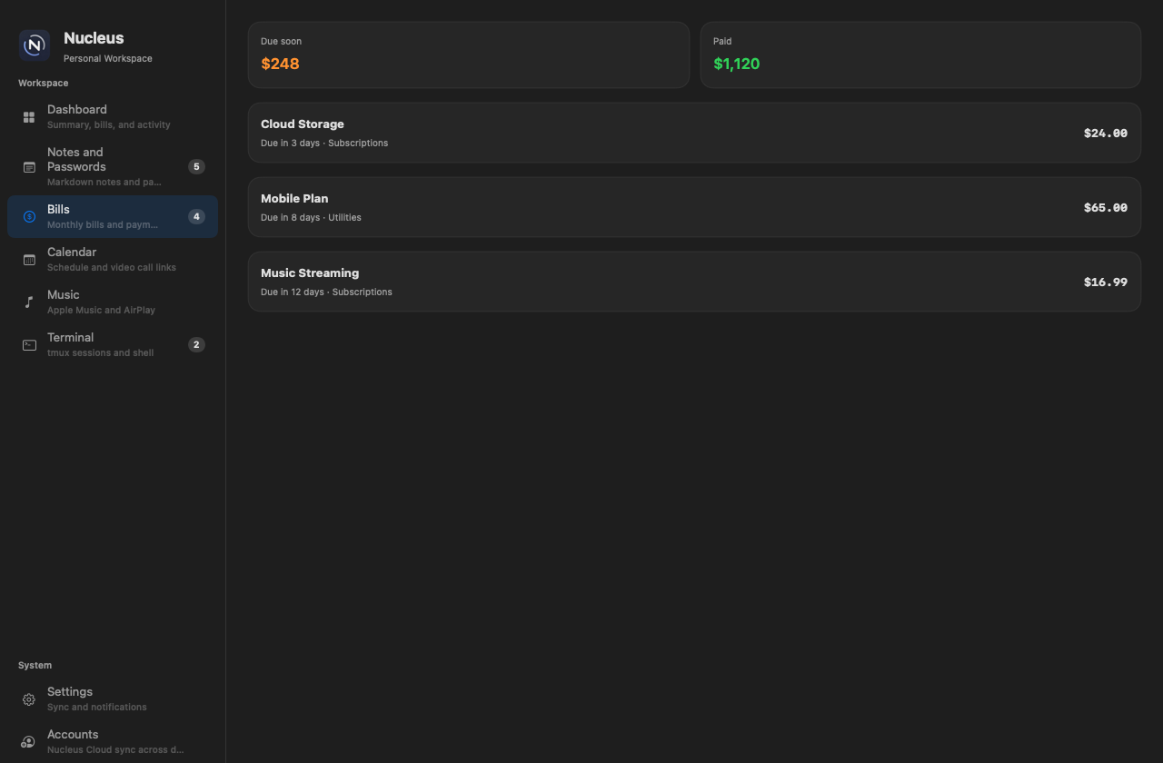 Nucleus Bills workspace with due-soon totals and recurring bill rows